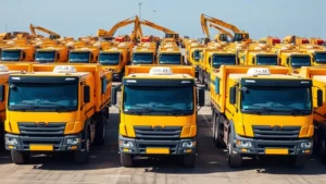 Professional fleet yard with multiple yellow and red dump trucks lined up in organized rows, bright daylight, construction equipment in background, high-quality commercial photography