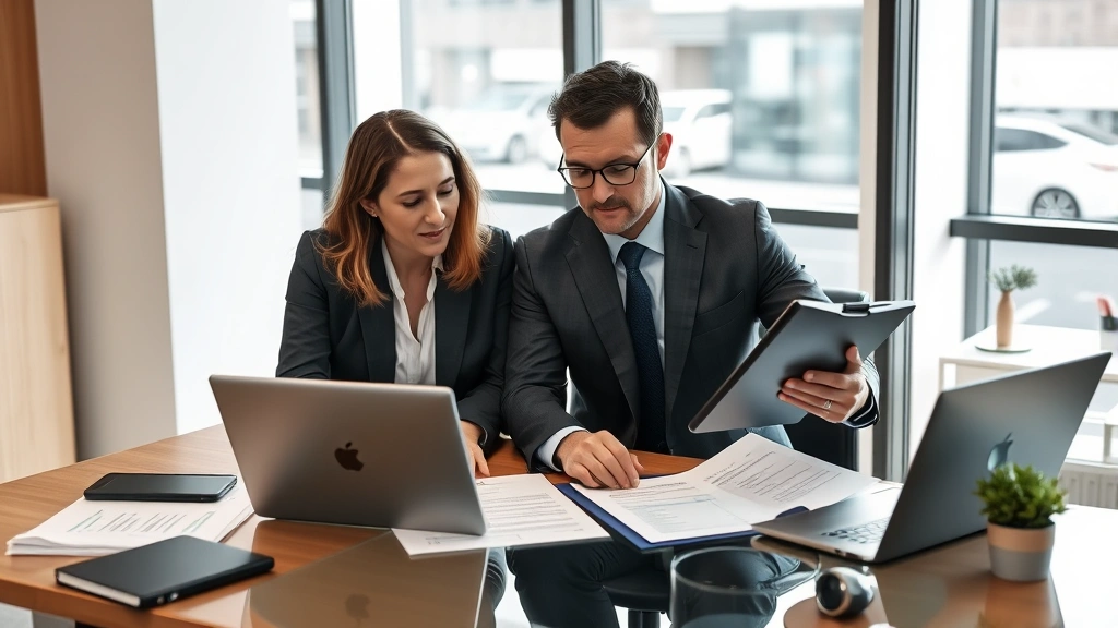 Business meeting scene with two professionals reviewing equipment specifications and contract documents at desk with laptop and tablet, professional office setting, natural lighting