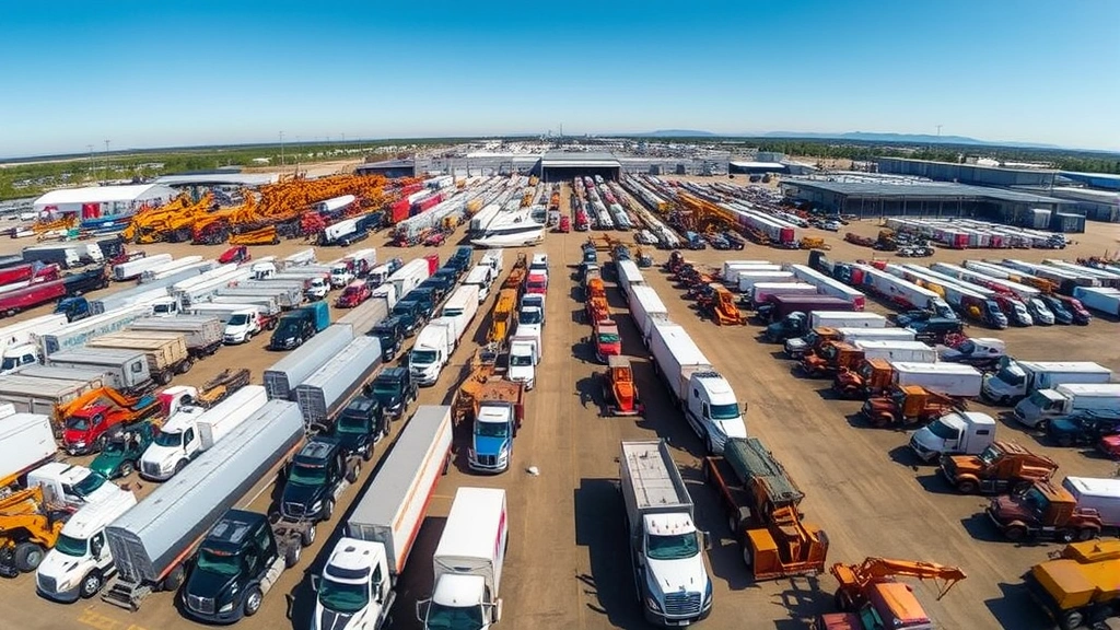 Aerial view of heavy equipment auction facility with dozens of commercial trucks and machinery organized in rows, clear blue sky, industrial setting