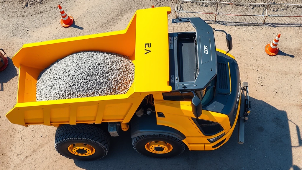 Professional aerial view of a bright yellow Volvo dump truck loaded with gravel, parked on a construction site with orange cones and equipment visible, sunny day, clear details of truck body and hydraulic system
