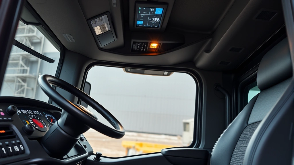 Close-up of a Mack Granite dump truck's cab interior showing modern dashboard, steering wheel, and digital displays, professional lighting highlighting quality construction and ergonomic design