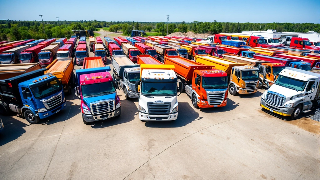 Wide landscape shot of multiple dump trucks in various colors lined up in a commercial lot, showing different models and configurations, bright daylight, showcasing fleet diversity and selection options