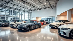 Luxury automotive showroom interior with high-end sedans displayed under professional lighting, polished concrete floors, and modern minimalist design