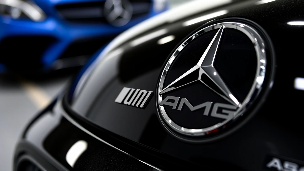 Close-up of Mercedes-Benz AMG badge on vehicle exterior, showcasing premium branding and craftsmanship details with blurred automotive background
