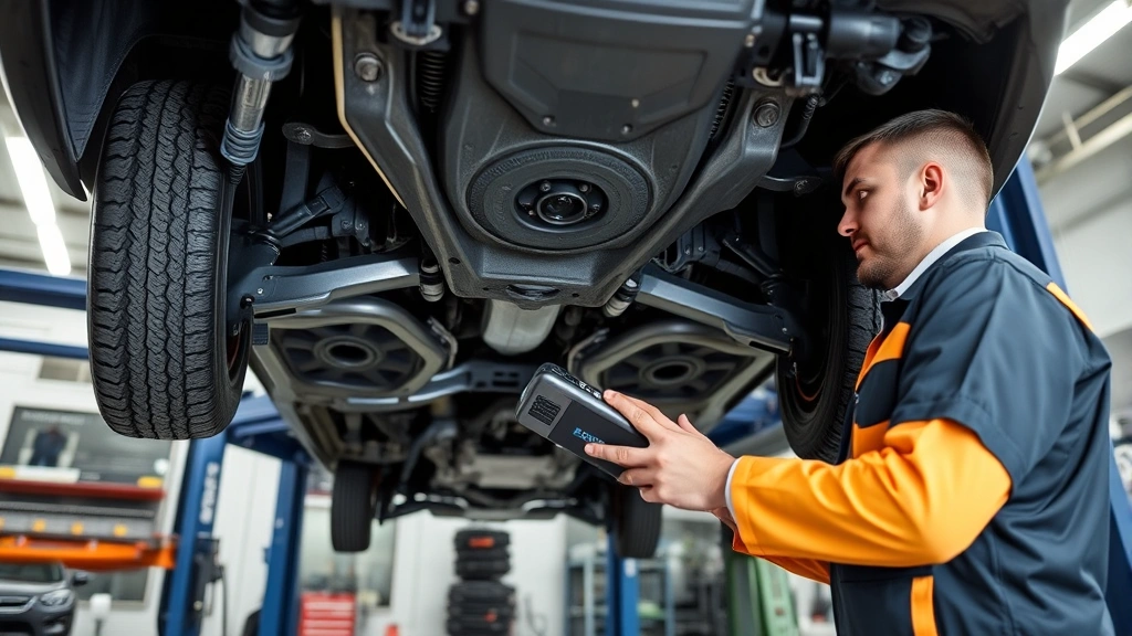 Professional automotive inspector examining vehicle undercarriage with diagnostic equipment, detailed mechanical inspection in modern service facility