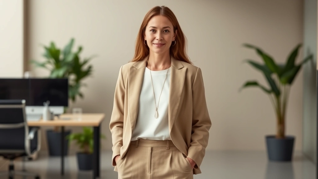 Professional woman wearing minimalist neutral-toned Eileen Fisher clothing ensemble in modern office setting, showcasing quality fabrics and timeless design aesthetic