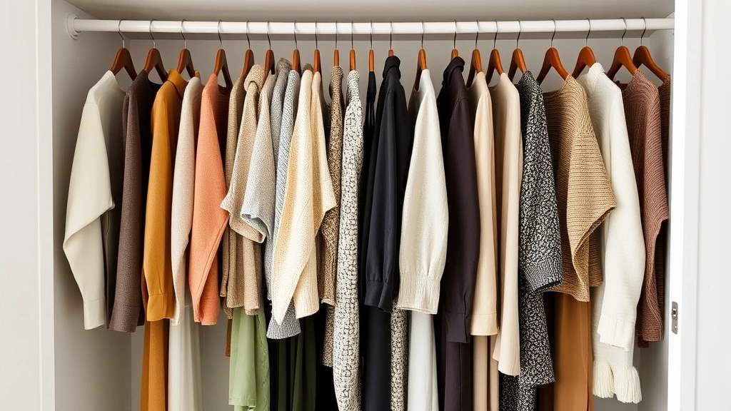 Organized closet display featuring coordinated neutral-colored clothing pieces in various textures, demonstrating versatile wardrobe building with sustainable fashion items