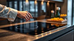 Modern kitchen with sleek stainless steel induction cooktop, professional chef hands adjusting temperature dial, warm cooking lights reflecting on cooktop surface, contemporary kitchen design