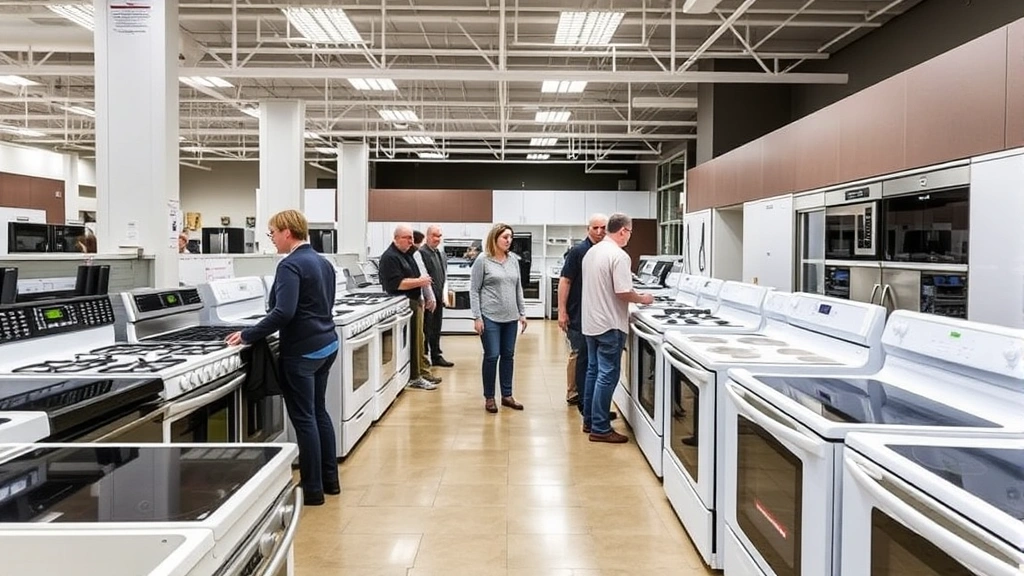 Retail appliance showroom with multiple electric stoves displayed, various models from budget to premium, customers examining stoves, bright showroom lighting highlighting appliance details