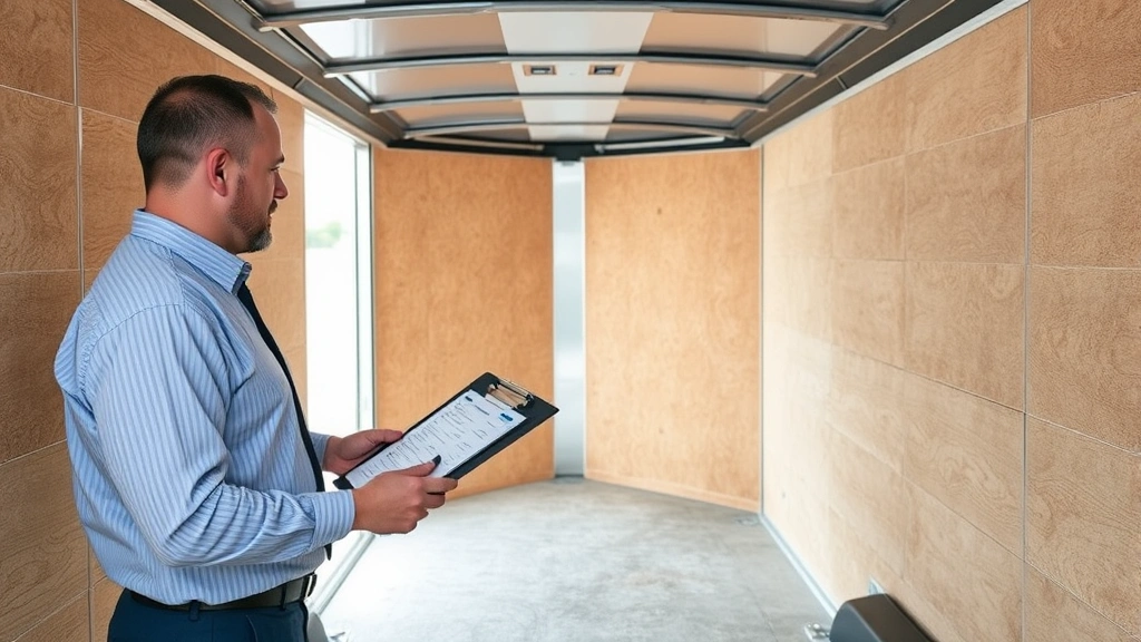 Business owner conducting detailed inspection of enclosed trailer interior, examining door mechanisms, flooring condition, and ventilation systems with clipboard and inspection checklist