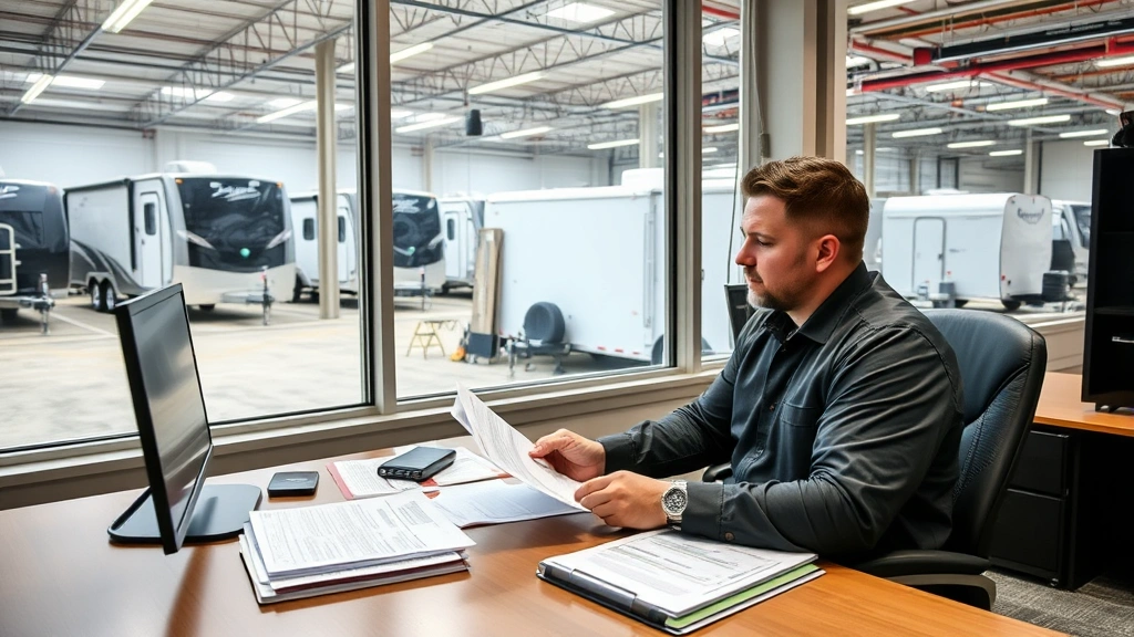 Fleet manager reviewing enclosed trailer maintenance records and service documentation at desk with multiple trailers visible through office windows in organized commercial facility