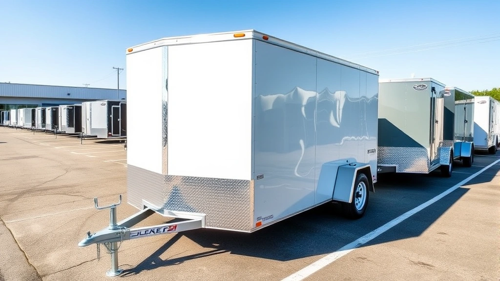 Professional outdoor lot showing multiple enclosed trailers lined up, various sizes and colors, bright daylight, clear inventory display, commercial trailer dealership setting