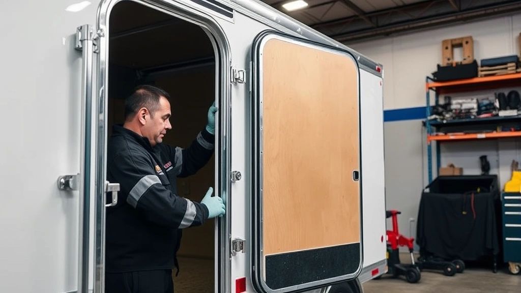 Close-up inspection of enclosed trailer exterior, mechanic examining door seals and hinges, checking structural integrity, professional maintenance environment with tools visible