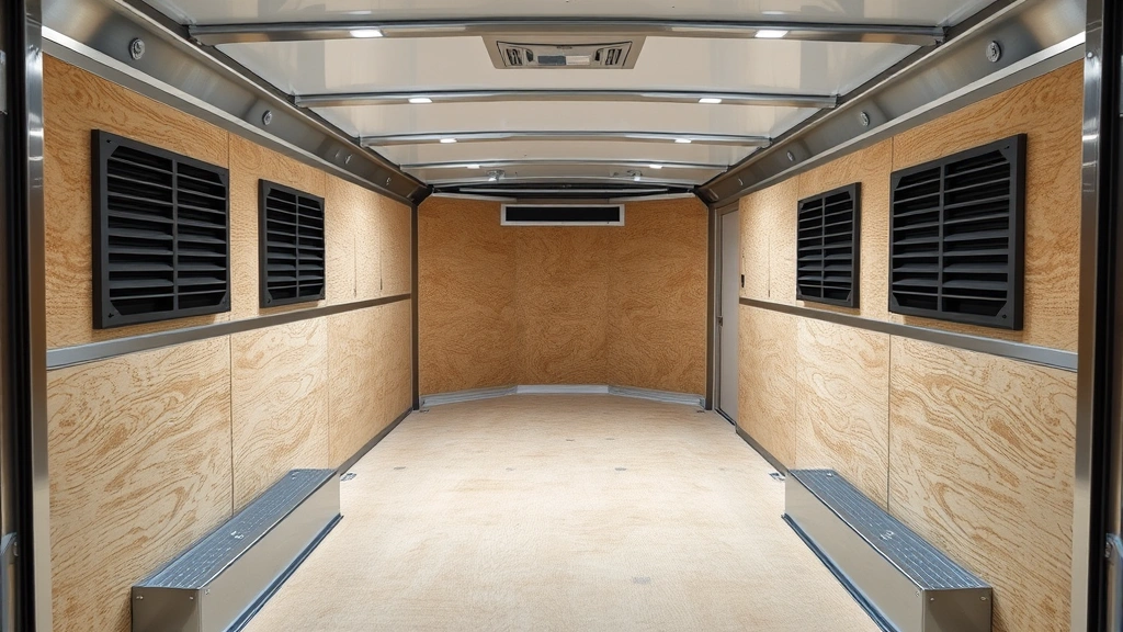 Interior view of well-maintained enclosed trailer showing clean flooring, proper ventilation system, LED lighting, organized space, ready for cargo transport, professional quality