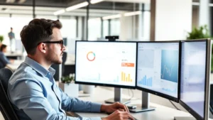 Professional business analyst reviewing ecommerce analytics dashboard on multiple monitors in modern office environment, data visualizations and charts visible, focused concentration