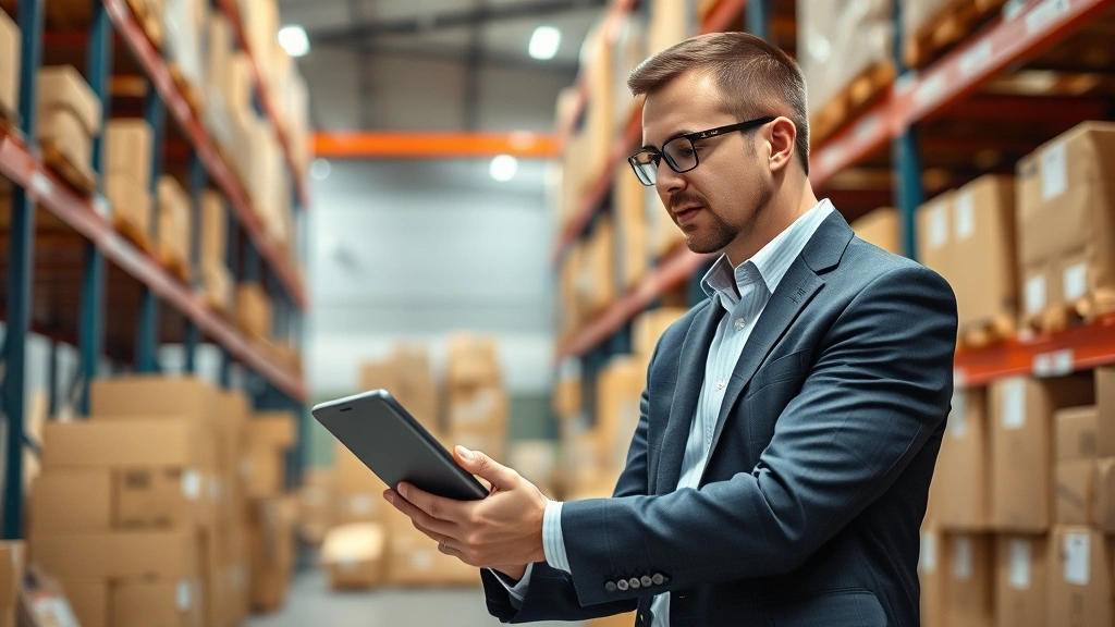 Supply chain manager inspecting inventory in warehouse with digital tablet, organized shelving and boxes in background, professional business casual attire, operational excellence