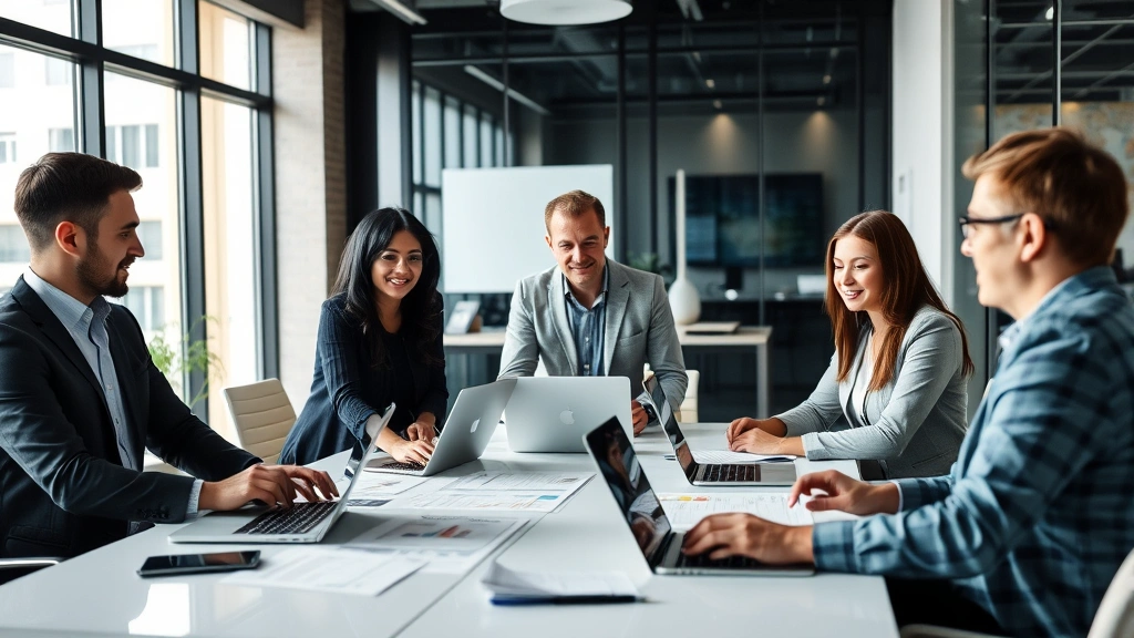 Marketing team collaborating around conference table with laptops and marketing strategy documents, diverse professionals discussing digital commerce campaigns, modern office setting