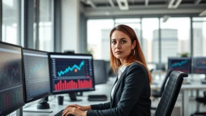 Professional woman in modern office analyzing gaming market data on multiple computer monitors with charts and graphs displaying European sales trends, serious focused expression, natural lighting from windows