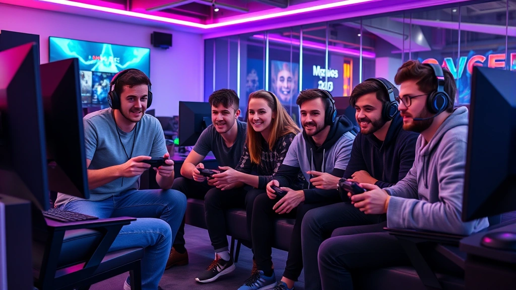 Diverse group of European gamers of various ages sitting together in contemporary gaming lounge with high-end PC setup, console controllers, and RGB lighting, engaged in multiplayer gaming session