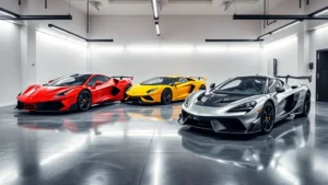 Luxury garage interior with three exotic supercars (red Ferrari, yellow Lamborghini, silver McLaren) displayed on polished concrete floor with dramatic LED lighting, modern minimalist design, no signage or text visible