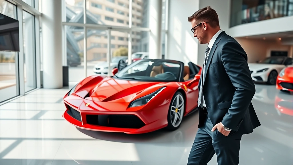 Affluent businessman in tailored suit examining a pristine red Ferrari in luxury dealership showroom, natural daylight through floor-to-ceiling windows, minimalist white walls, digital screens visible but no readable text