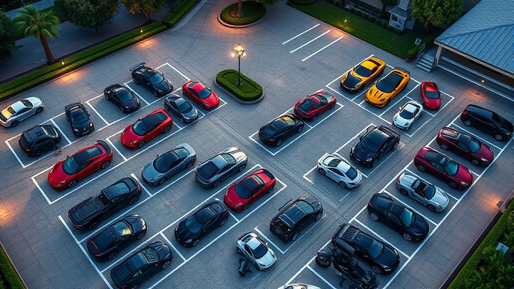Aerial view of exotic car collector's private parking facility with organized rows of high-end vehicles including Porsches, Ferraris, and Lamborghinis, manicured grounds, professional lighting, no identifying signage