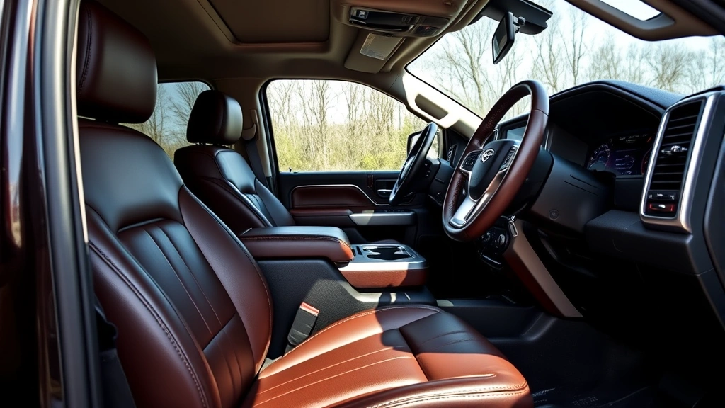 Premium luxury truck interior detail with leather seats and steering wheel, high-end dashboard technology, professional automotive photography, natural lighting, close-up shot of King Ranch badge and appointments