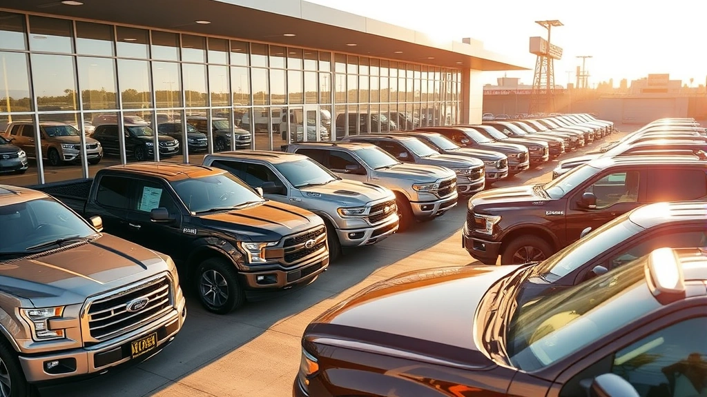 Busy modern auto dealership lot with multiple pickup trucks displayed, morning sunlight, wide-angle view showing inventory depth, professional automotive commercial setting, no signage or text visible