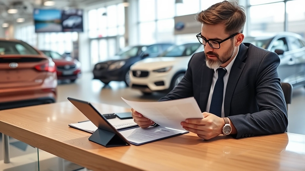 Businessman reviewing paperwork and tablet at dealership desk during vehicle purchase negotiation, professional office setting, natural lighting, focused on documents and digital screens, no visible brand names or store identifiers