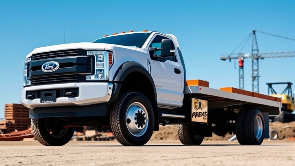 Professional photograph of Ford F-450 Super Duty truck photographed from three-quarter angle in commercial construction site environment with clear blue sky, showing truck's substantial frame and dual rear wheels without any signage or text visible