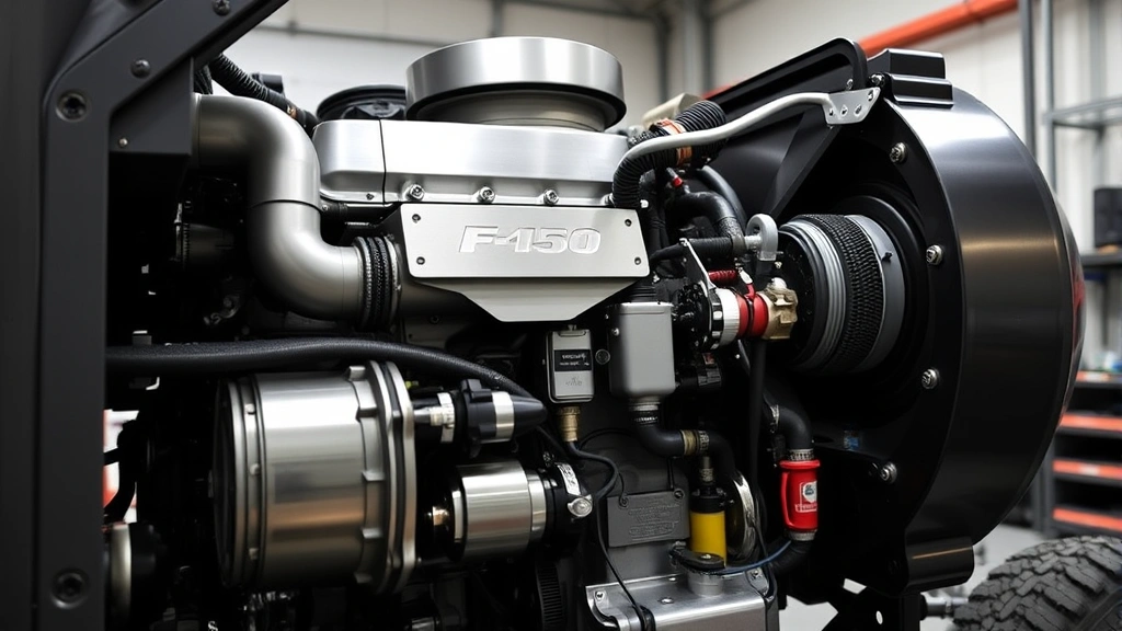 Detailed close-up of F-450 diesel engine compartment showing 6.7L Power Stroke engine components and transmission systems in well-lit workshop setting, professional automotive photography style