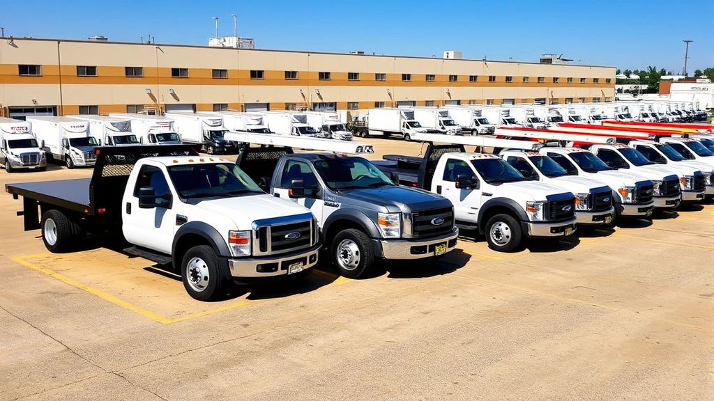 Fleet of multiple Ford F-450 trucks parked in organized commercial fleet yard with warehouse buildings in background, showing various upbody configurations including flatbed and service bodies, daytime exterior shot