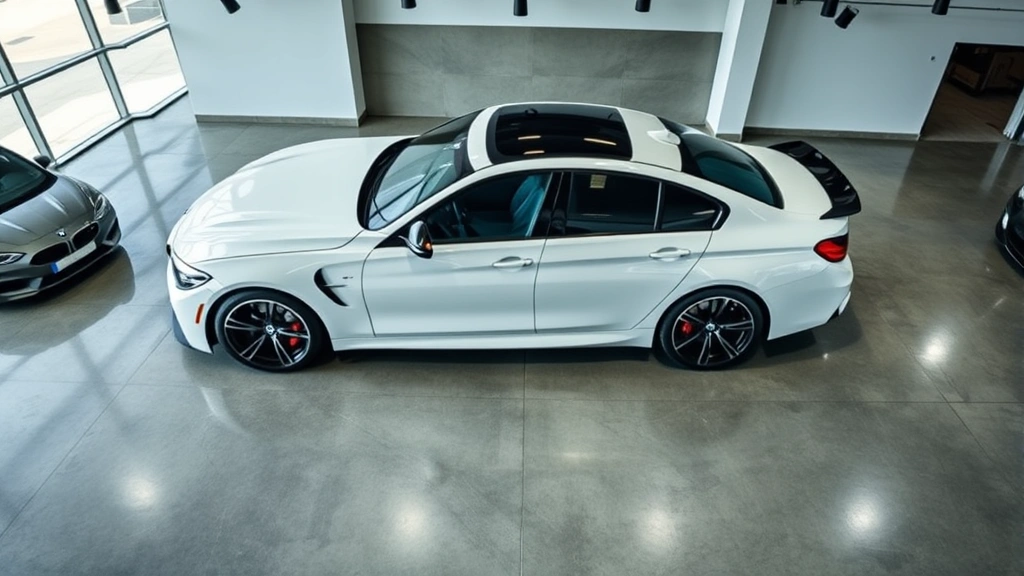 Overhead view of luxury BMW M3 sedan parked in upscale dealership showroom with professional lighting and polished concrete floor, emphasizing premium vehicle condition and dealership environment