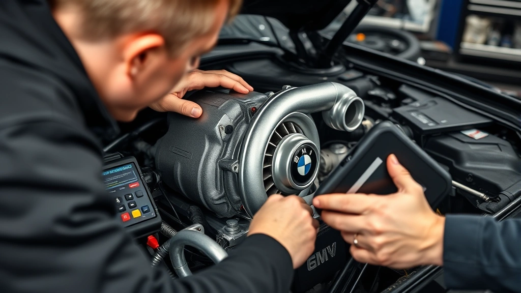 Close-up of professional mechanic performing diagnostic inspection on turbocharged engine with specialized equipment and diagnostic scanner, BMW workshop setting with professional tools