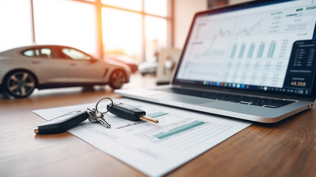 Wide shot of luxury vehicle keys and ownership documents spread on wooden desk with laptop displaying market pricing data and comparison charts, professional business environment