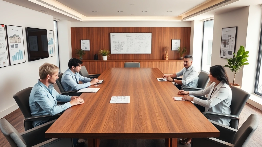 Interior photograph of a modern family meeting room or office space with large wooden conference table, comfortable seating, financial documents and property plans visible on walls, professional business environment suggesting wealth management and property administration