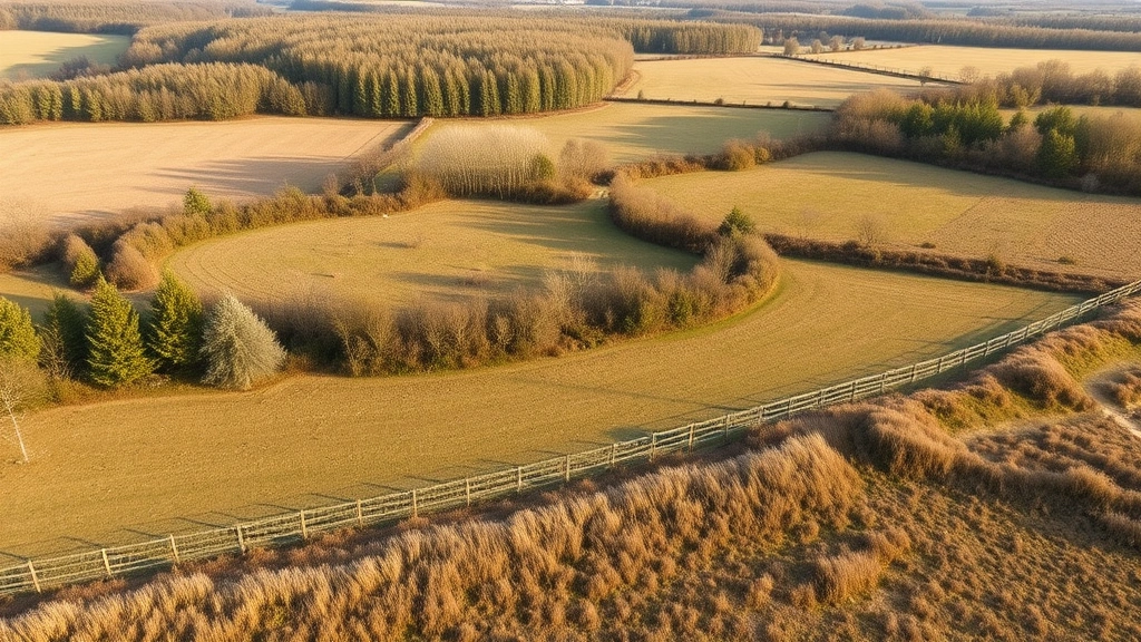Wide landscape photograph of a rural property boundary showing mature fencing, natural terrain features, mixed woodland and cleared areas suitable for residential development, professional surveying markers visible, afternoon sunlight illuminating topography