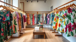 Luxury fashion boutique interior with colorful resort wear displays, vibrant tropical printed garments on elegant wooden racks, soft natural lighting, modern minimalist aesthetic, no text or signage visible