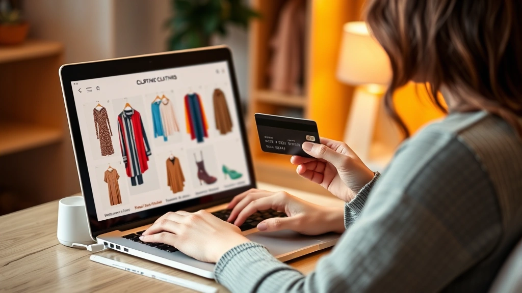 Woman shopping online on laptop with credit card, laptop screen showing clothing catalog with colorful items, warm home office setting, professional product photography style, contemporary e-commerce interface