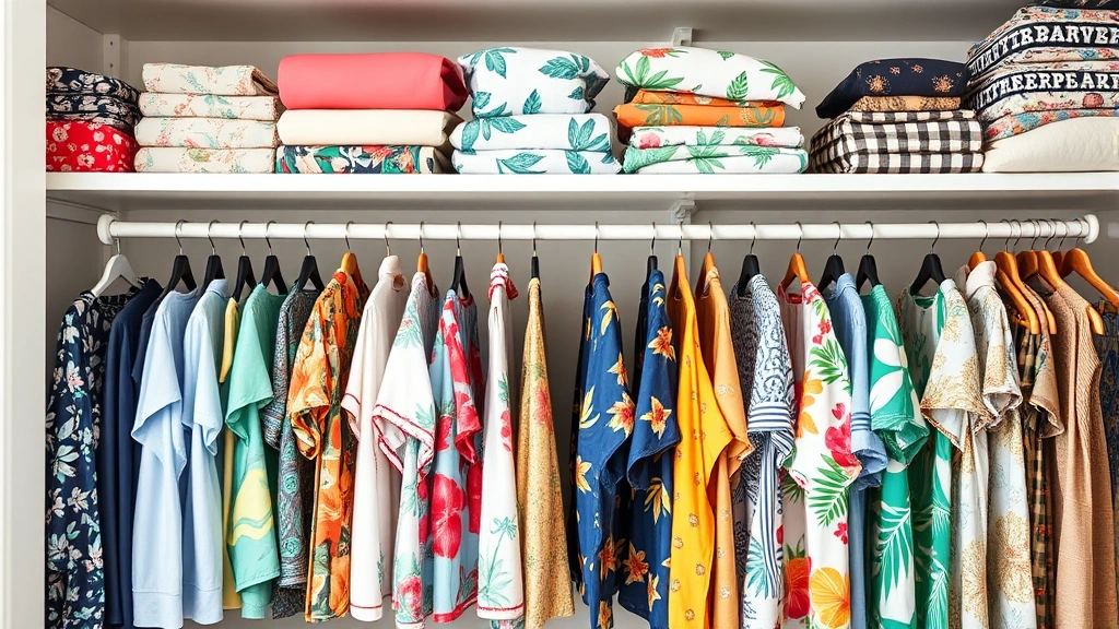 Organized fashion closet with neatly folded colorful printed clothing, tropical resort wear collection displayed on white shelving, natural lighting, curated lifestyle aesthetic, no price tags or labels