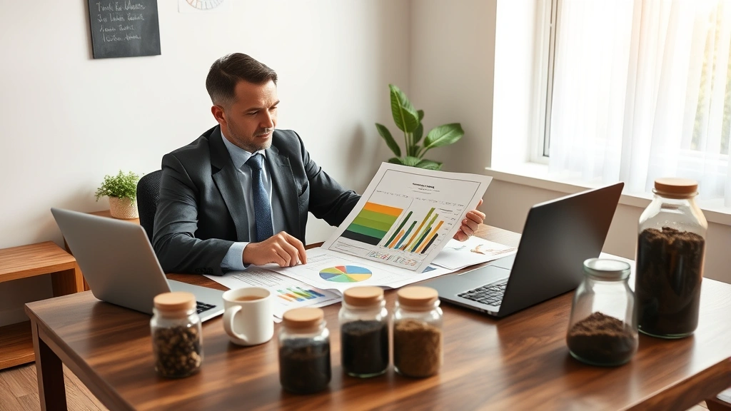 Professional investor in business attire reviewing farmland property documents and agricultural yield charts on wooden desk with laptop, coffee cup, and soil sample jars in natural office lighting