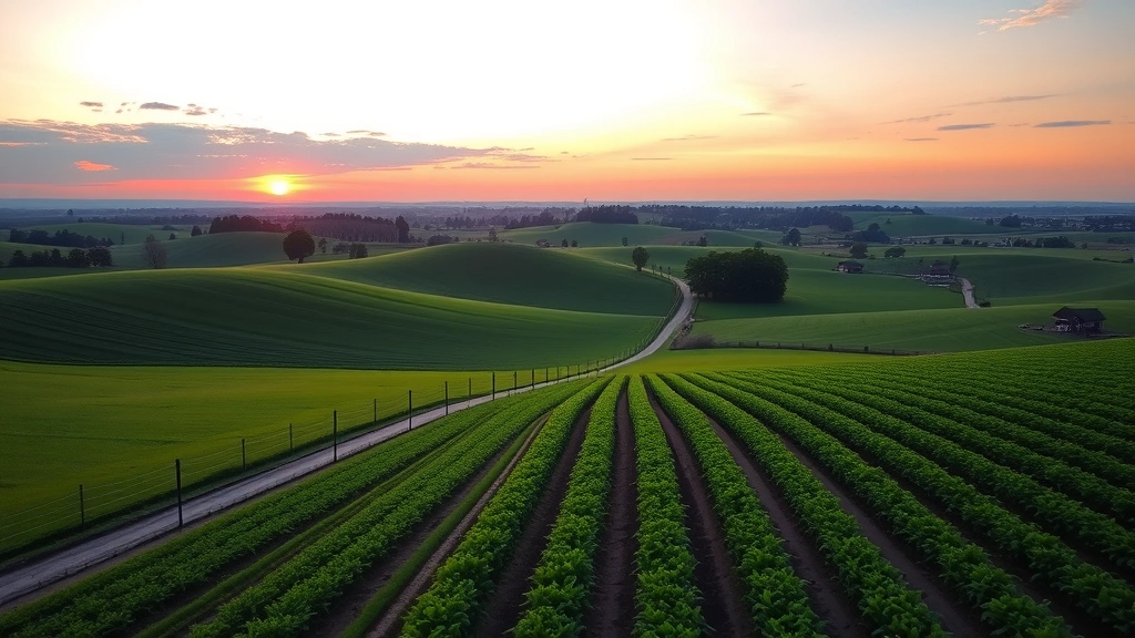 Sunset view over rolling green farmland with irrigation systems, fence lines, and healthy crop rows stretching to horizon, showcasing well-maintained agricultural property with professional management