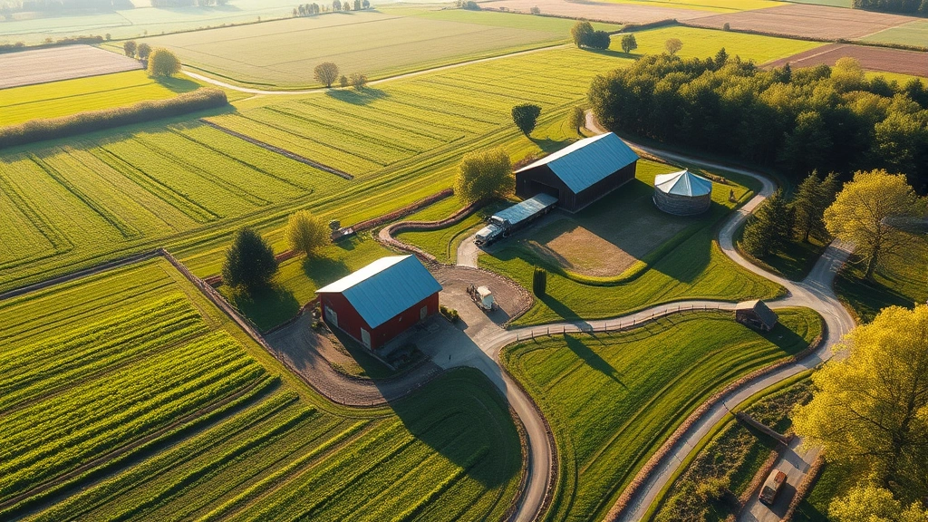 Aerial view of a well-maintained 10-acre farmlet with diverse crop sections, green fields, rustic barn structures, and winding farm paths, surrounded by mature trees, morning sunlight, professional agricultural landscape photography