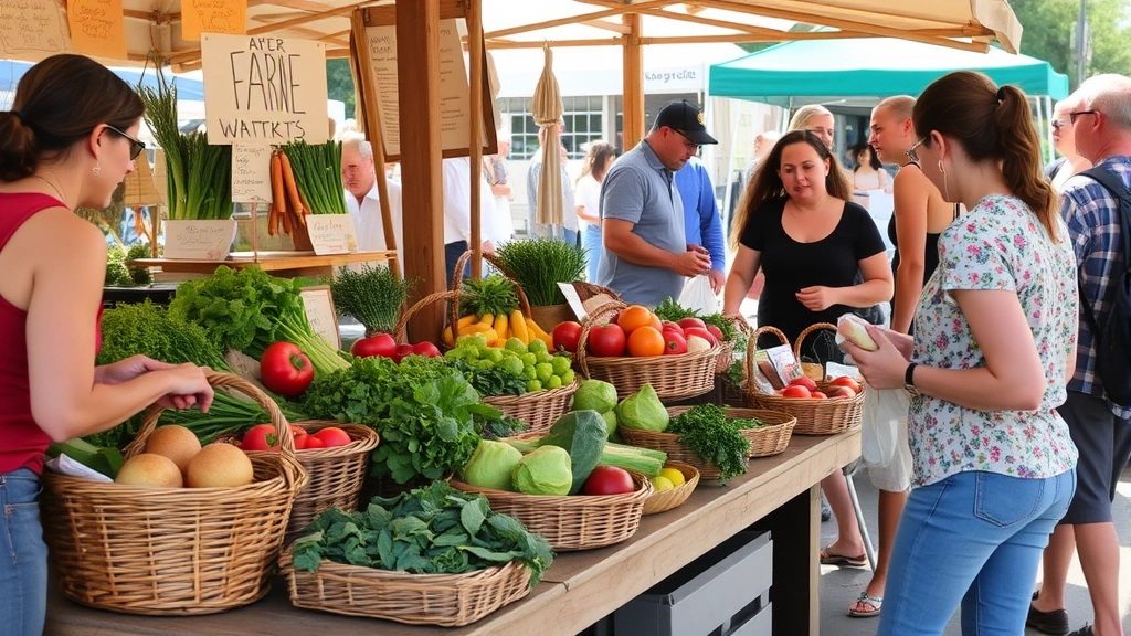 Farmers market scene with local produce vendor at wooden stand displaying fresh vegetables, herbs, and farm products in wicker baskets, customers shopping, vibrant colors, community engagement, daylight, authentic rural commerce