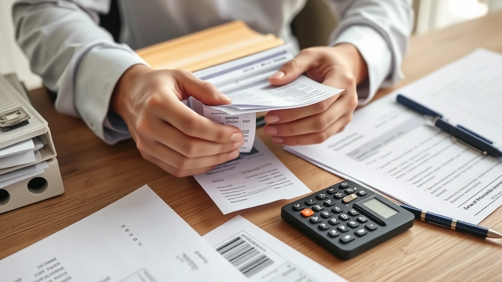 Close-up of hands organizing receipts and documents in a filing system, business records, organized paperwork on desk with calculator and pen, professional office setting