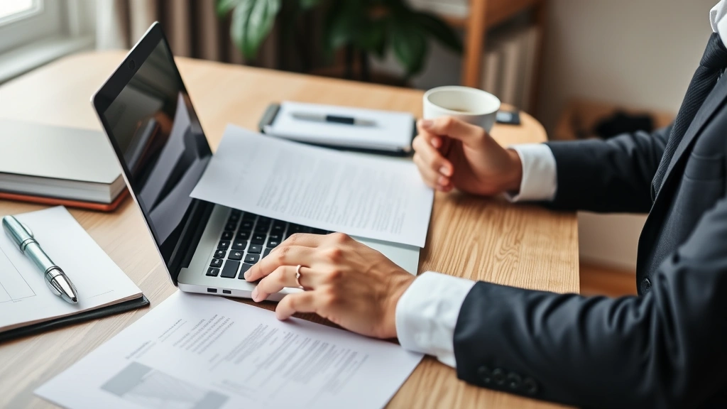 Person using laptop at desk reviewing contracts and legal documents, business compliance, professional attire, home office environment with notebook and coffee cup