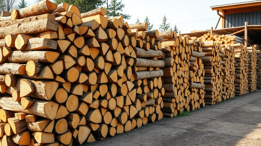 Photorealistic split firewood logs stacked in organized cords outdoors, natural daylight, showing wood grain detail and proper stacking arrangement, commercial lumber yard setting
