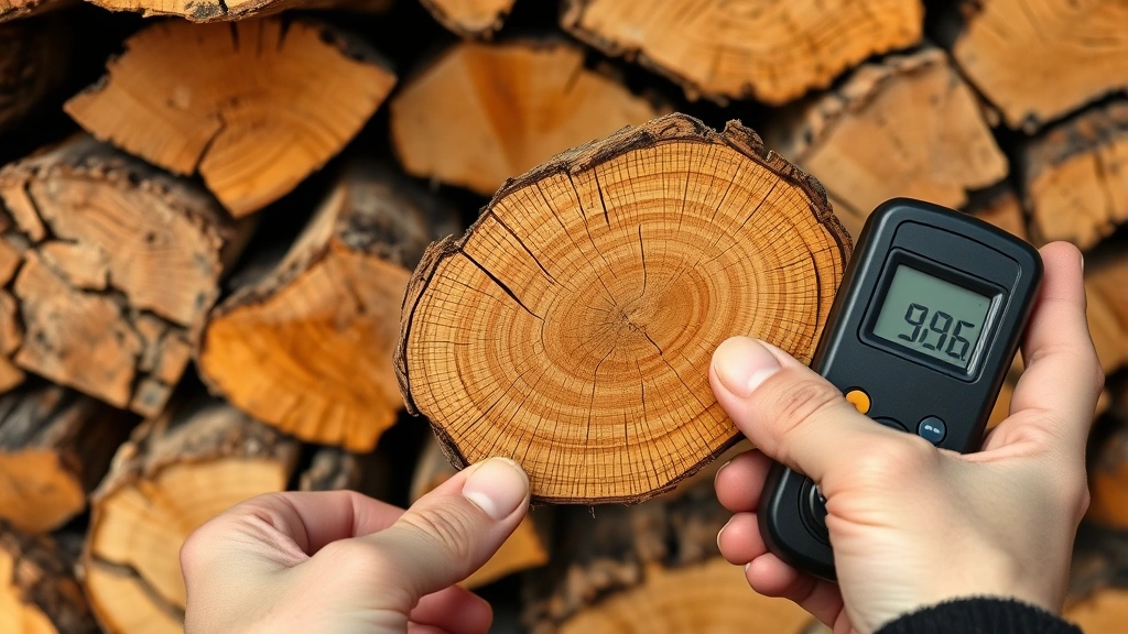 Close-up of seasoned hardwood pieces with visible end grain cracks and natural weathering, hands holding sample wood near moisture meter, professional firewood quality inspection