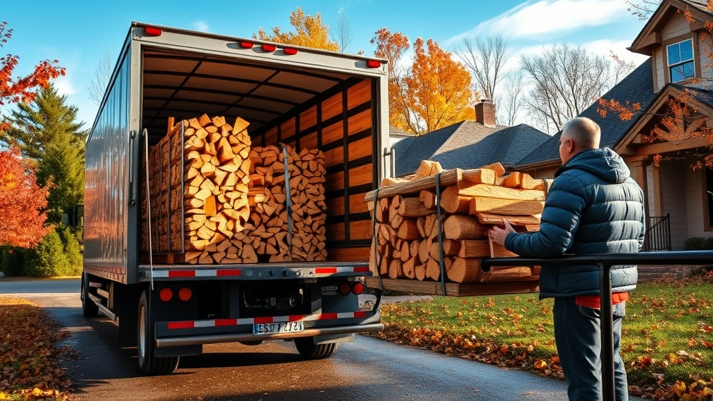 Delivery truck unloading bundled firewood at residential property, customer inspecting delivery, autumn setting with clear skies, showing modern firewood distribution logistics