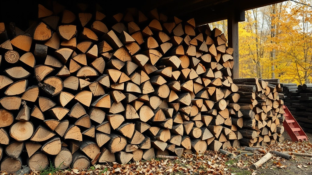 Neatly stacked cords of seasoned firewood in autumn setting with split hardwood logs showing proper storage conditions, dry covered shelter visible, photorealistic natural lighting